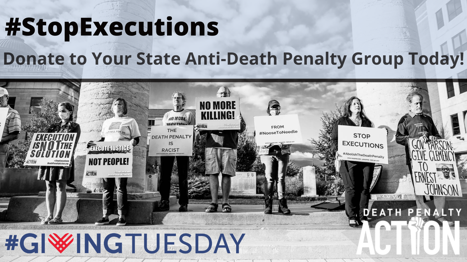 Image of execution protesters and the request to support your state anti-death penalty organization.